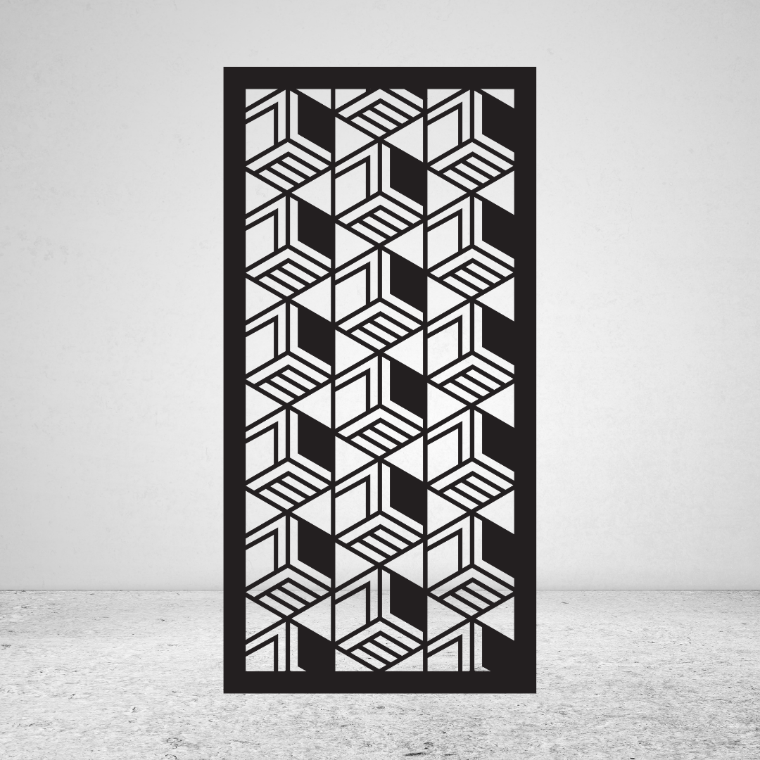 Stacked Form 3D geometric metal privacy screen with repeating open box shapes and inset linear detailing