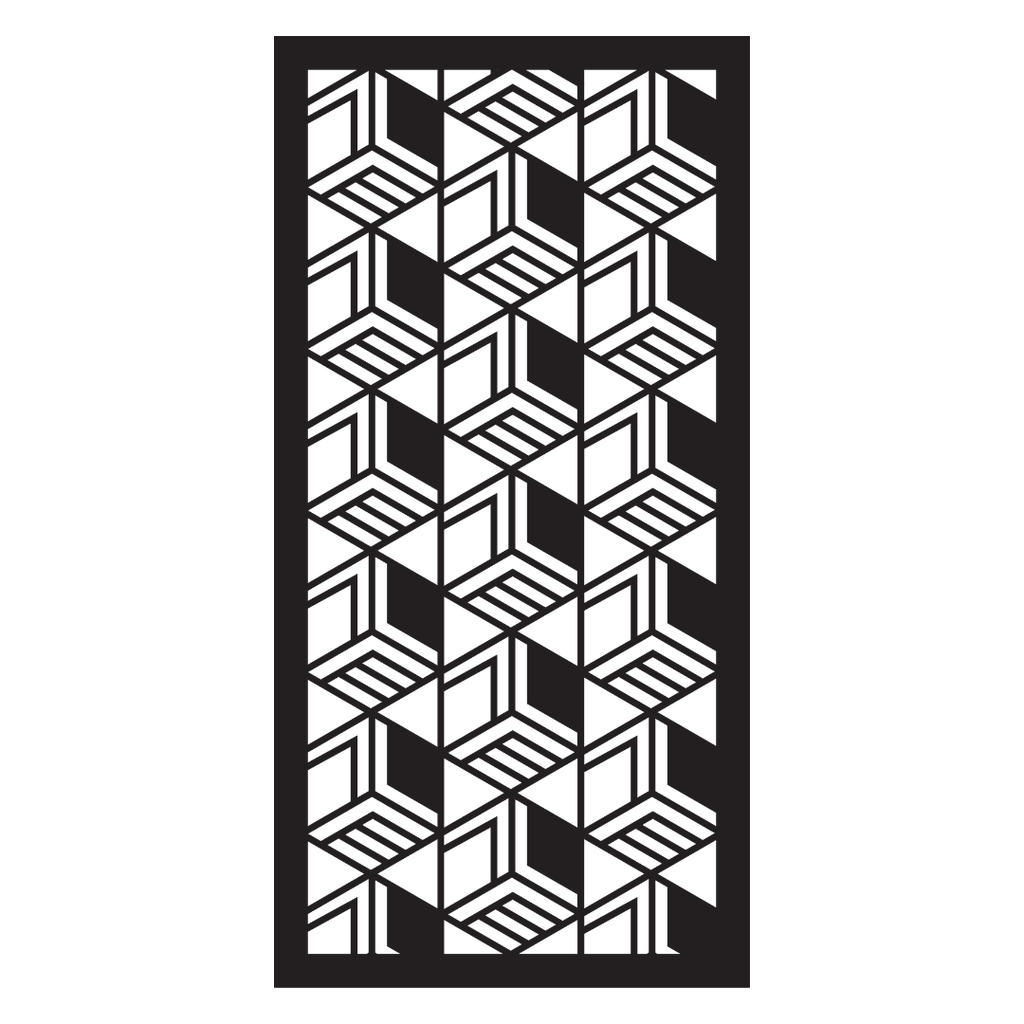 Stacked Form decorative metal privacy panel isolated on a white background showing its layered three-dimensional geometric pattern