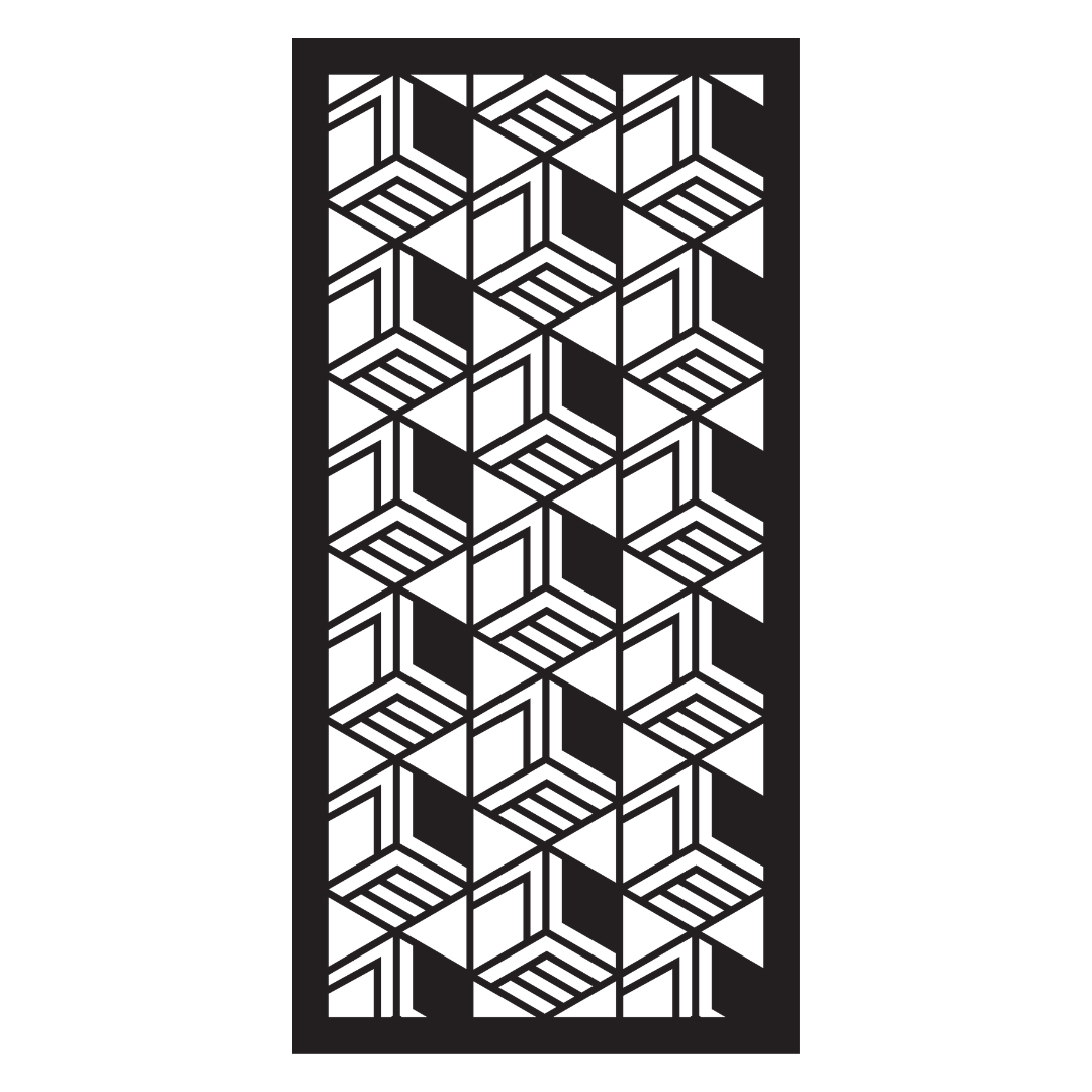 Stacked Form decorative metal privacy panel isolated on a white background showing its layered three-dimensional geometric pattern