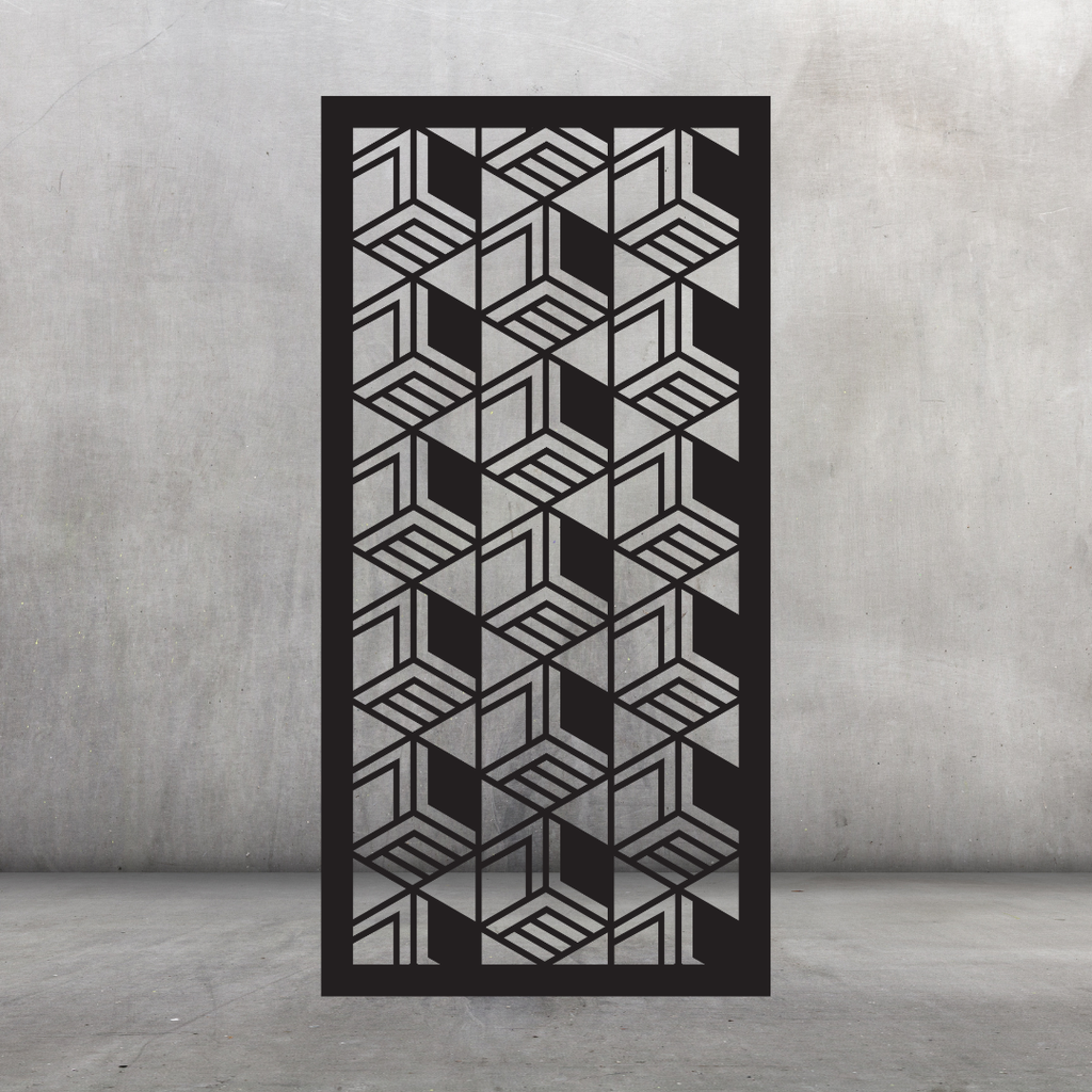 Stacked Form contemporary metal privacy screen displayed against a dark grey wall with repeating box forms and striped details