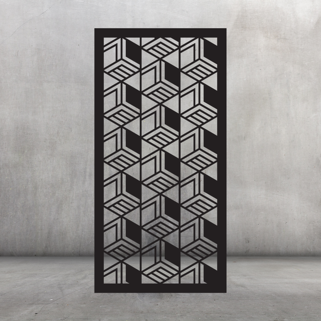 Stacked Form contemporary metal privacy screen displayed against a dark grey wall with repeating box forms and striped details