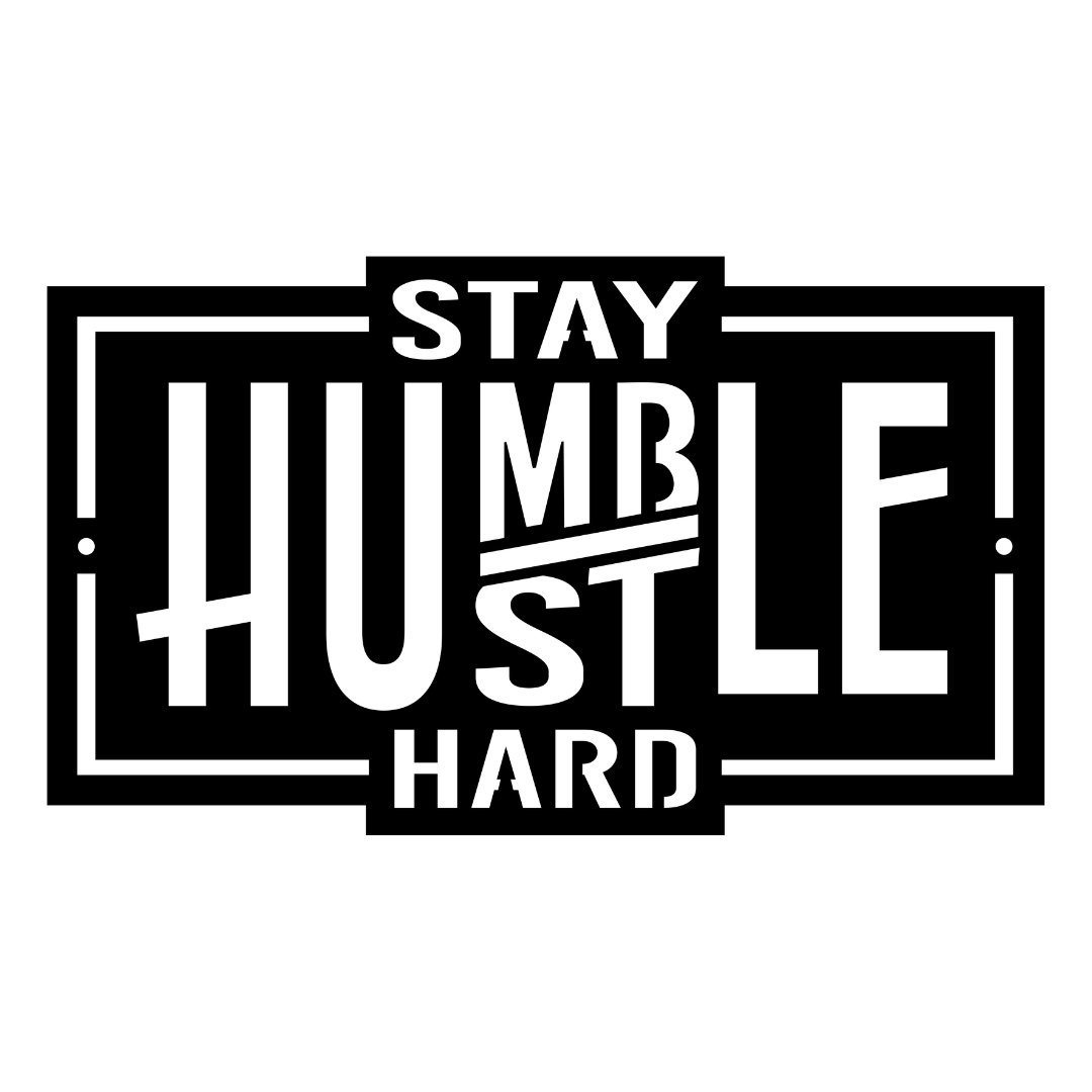 Close-up of the Stay Humble Hustle Hard laser-cut typography metal wall art with bold geometric styling.