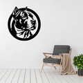 Strength & Loyalty | Circular Pitbull Metal Wall Art displayed on a modern living room wall above a grey accent chair, featuring a detailed side-profile Pitbull portrait within a bold circular black metal frame.