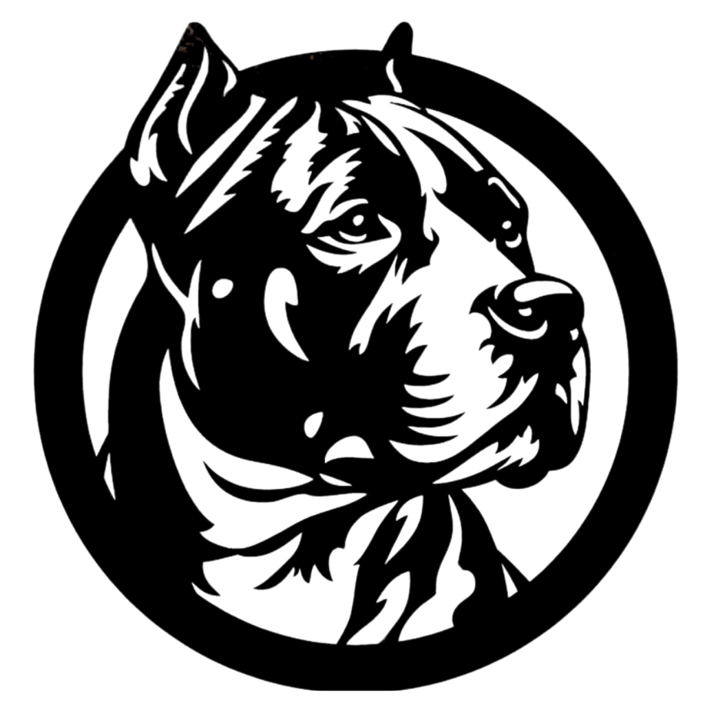 Strength & Loyalty | Circular Pitbull Metal Wall Art featuring an intricate side-profile Pitbull portrait enclosed in a contemporary circular metal frame, precision cut from black powder-coated steel.