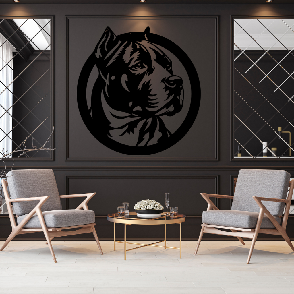 Strength & Loyalty | Circular Pitbull Metal Wall Art showcased on a sophisticated feature wall, creating a bold statement with a detailed Pitbull portrait in a modern circular metal design.