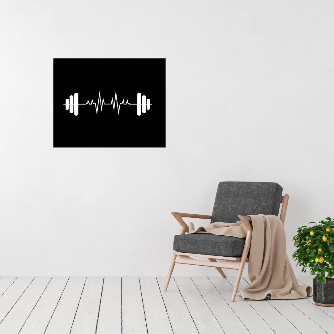 Strength Pulse | Gym Heartbeat Metal Wall Art displayed in a modern living room.