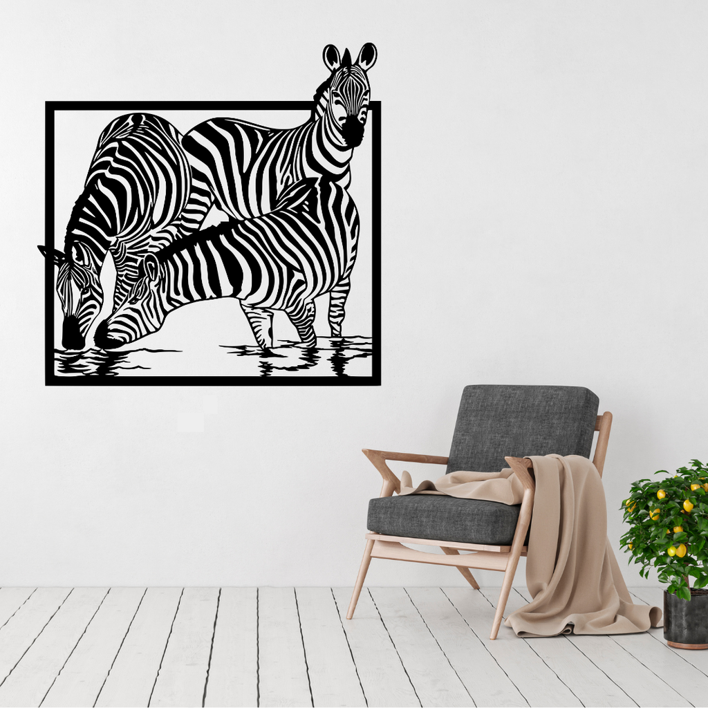 Stripes of the Wild zebra metal wall art displayed above a contemporary chair in a stylish modern interior
