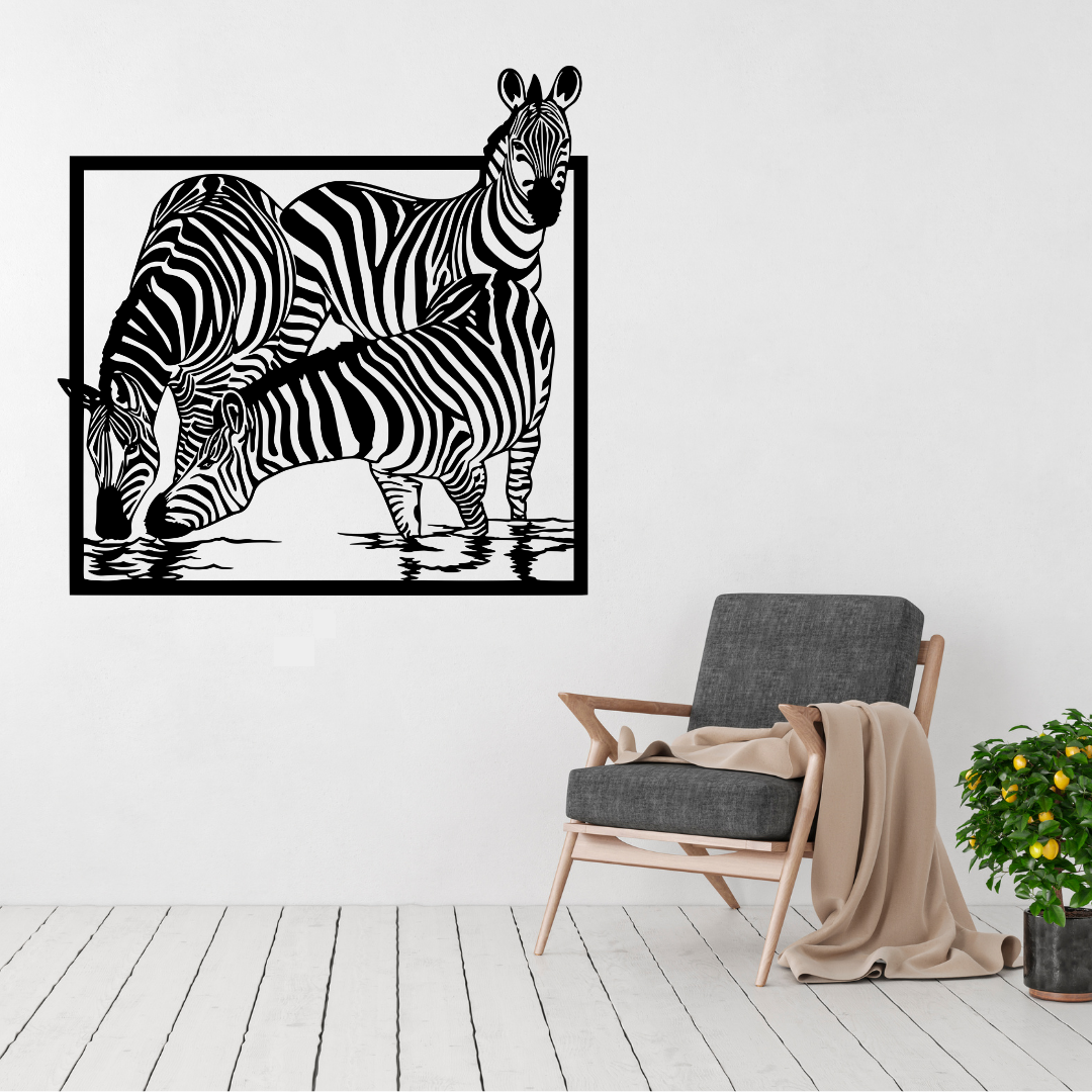 Stripes of the Wild zebra metal wall art displayed above a contemporary chair in a stylish modern interior