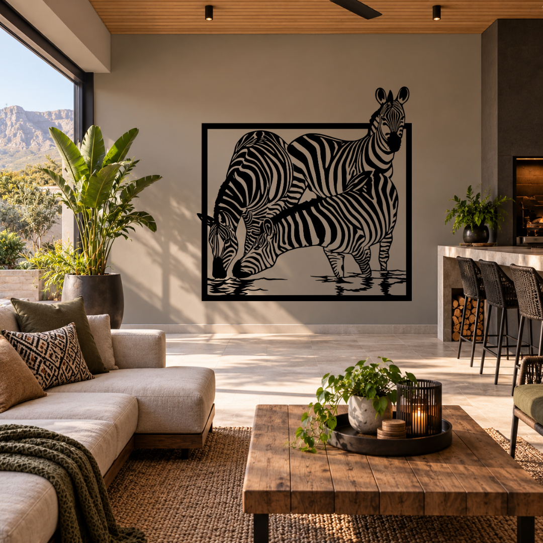Stripes of the Wild zebra metal wall art displayed in a modern room with contemporary African-inspired décor