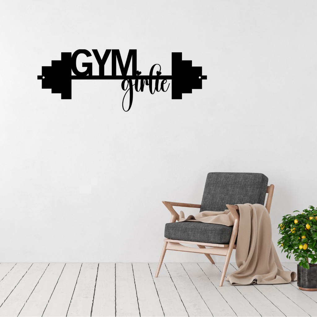 Stronger Every Rep | Gym Girlie Barbell Metal Wall Art displayed in a bright modern home gym.