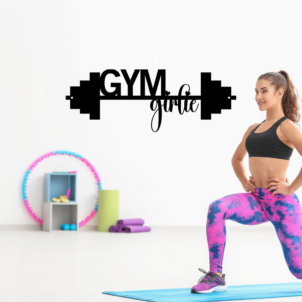 Stronger Every Rep | Gym Girlie Barbell Metal Wall Art showcased in a contemporary workout space.