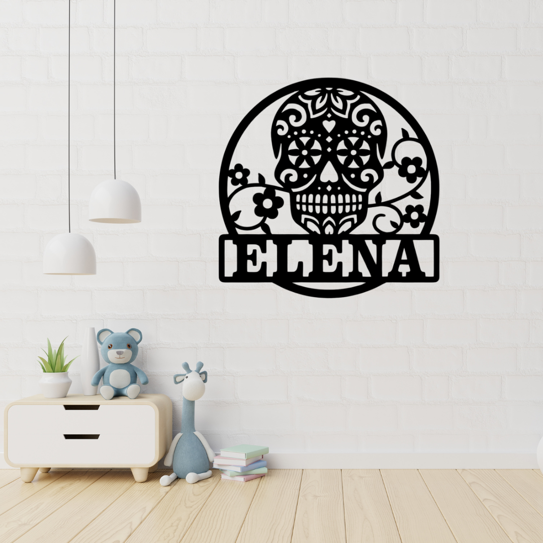 Floral sugar skull metal wall art displayed in a modern creative bedroom