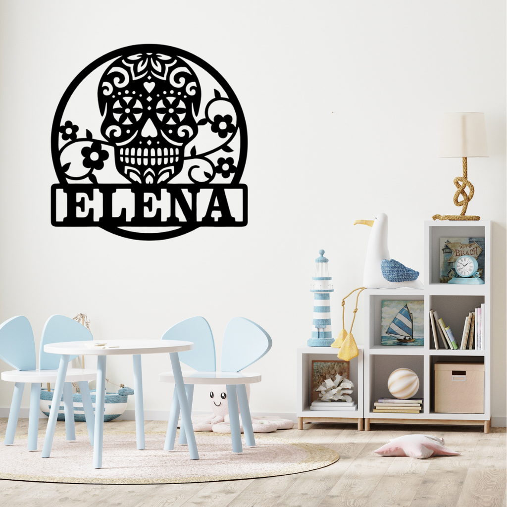 Artistic sugar skull metal sign styled in an edgy boho-inspired interior space