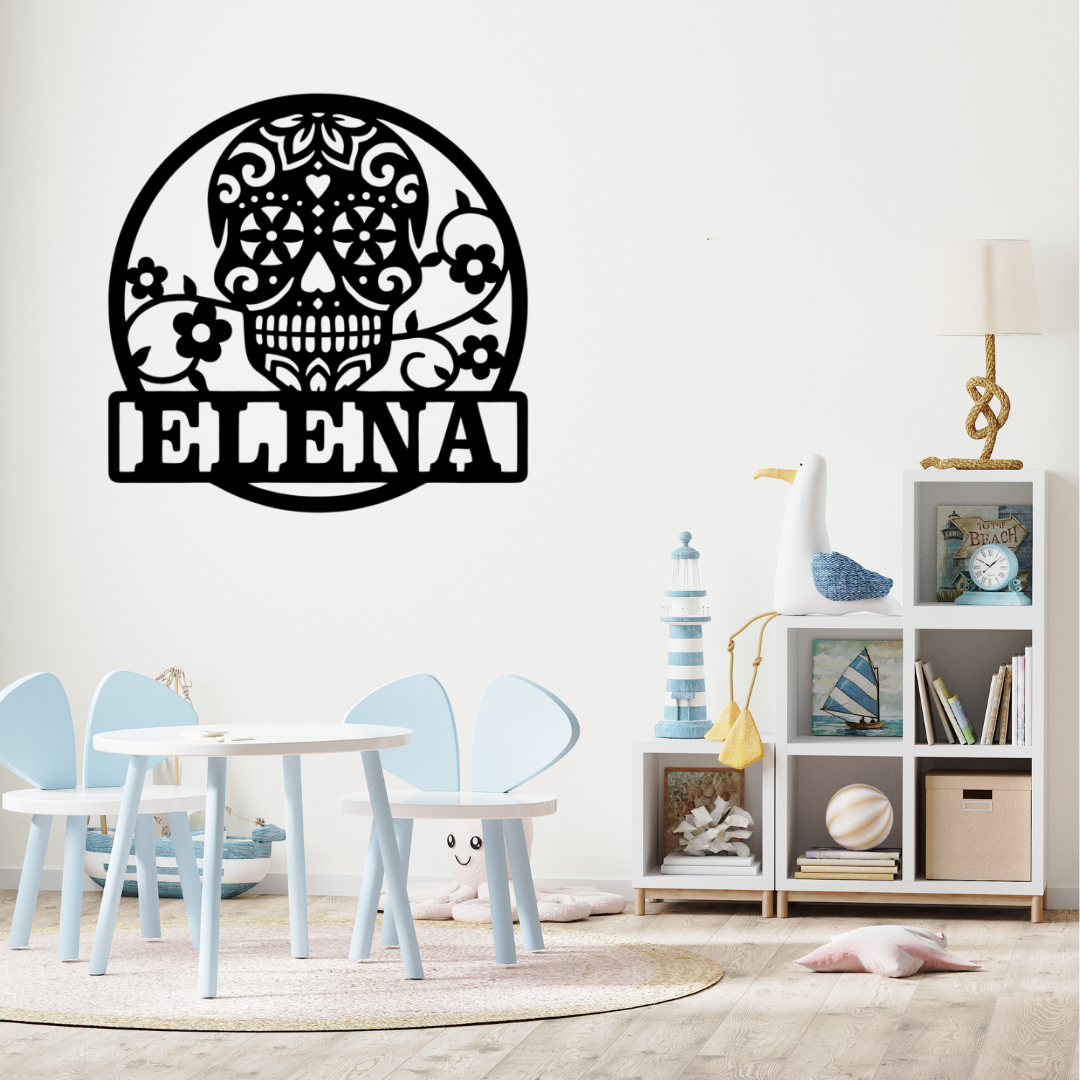 Artistic sugar skull metal sign styled in an edgy boho-inspired interior space