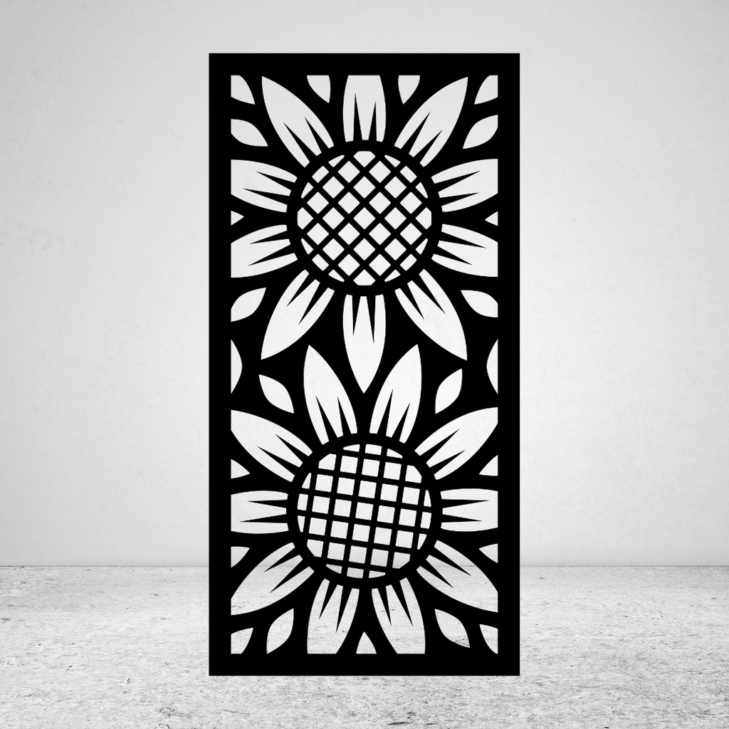 Sunflower Fields twin bloom metal privacy screen featuring two large sunflower flowers and surrounding botanical leaves