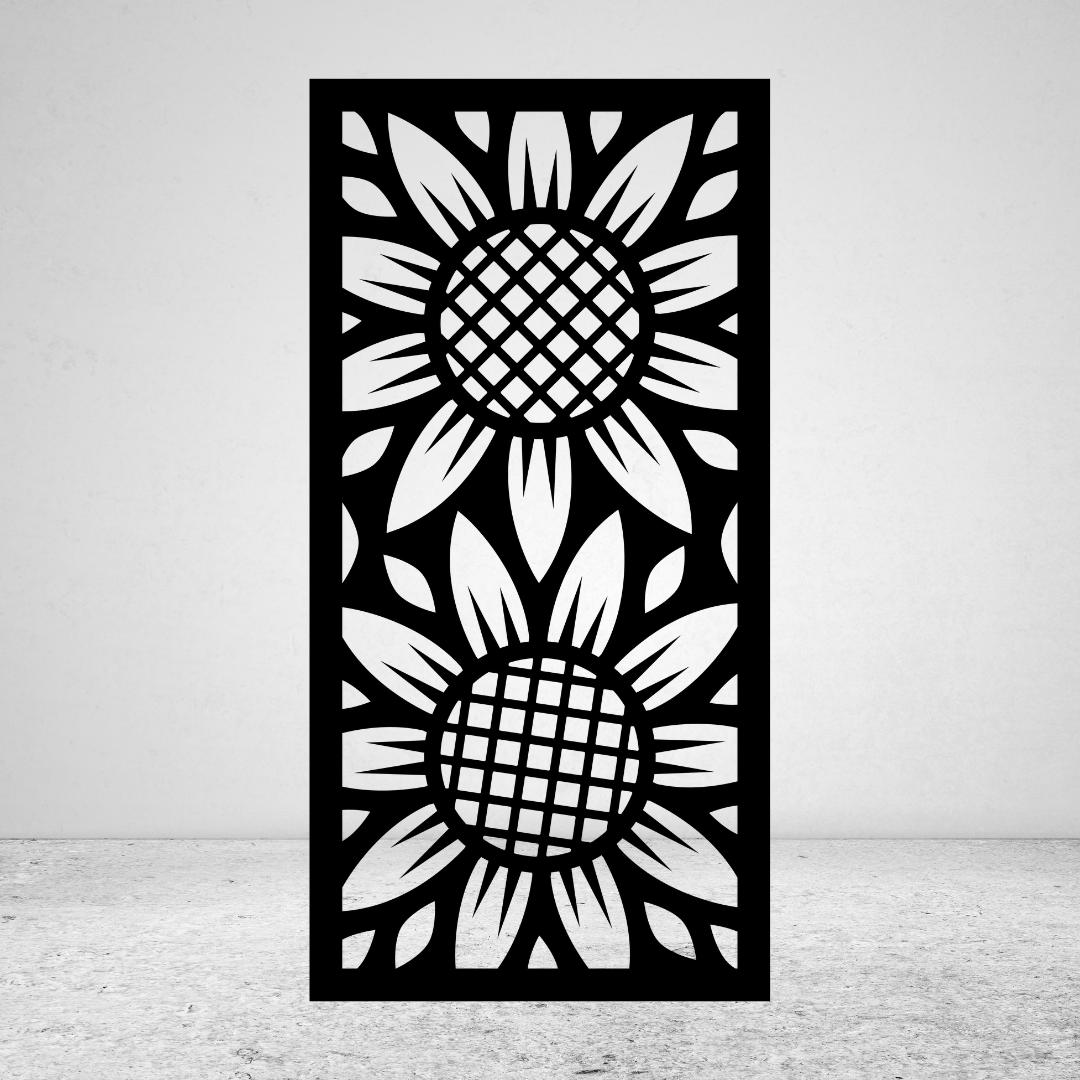 Sunflower Fields twin bloom metal privacy screen featuring two large sunflower flowers and surrounding botanical leaves