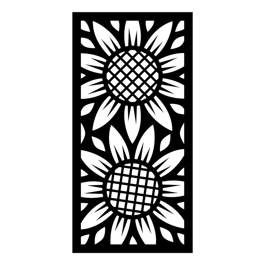 Sunflower Fields sunflower metal privacy panel isolated on a white background showing detailed petals and geometric flower centres