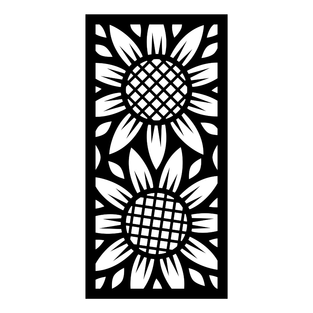 Sunflower Fields sunflower metal privacy panel isolated on a white background showing detailed petals and geometric flower centres