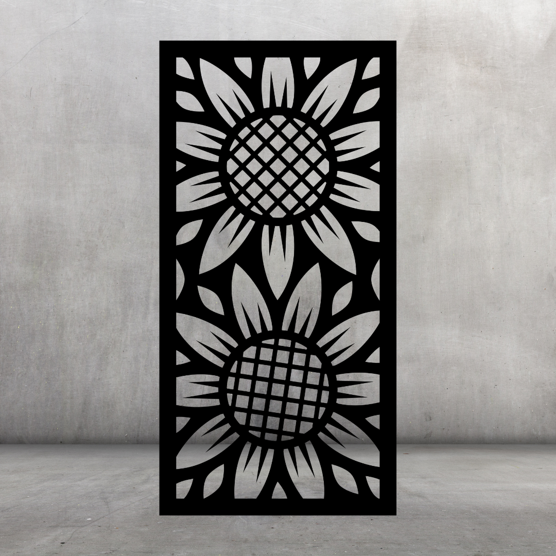 Sunflower Fields decorative metal privacy screen displayed against a dark grey wall with repeating sunflower and leaf pattern