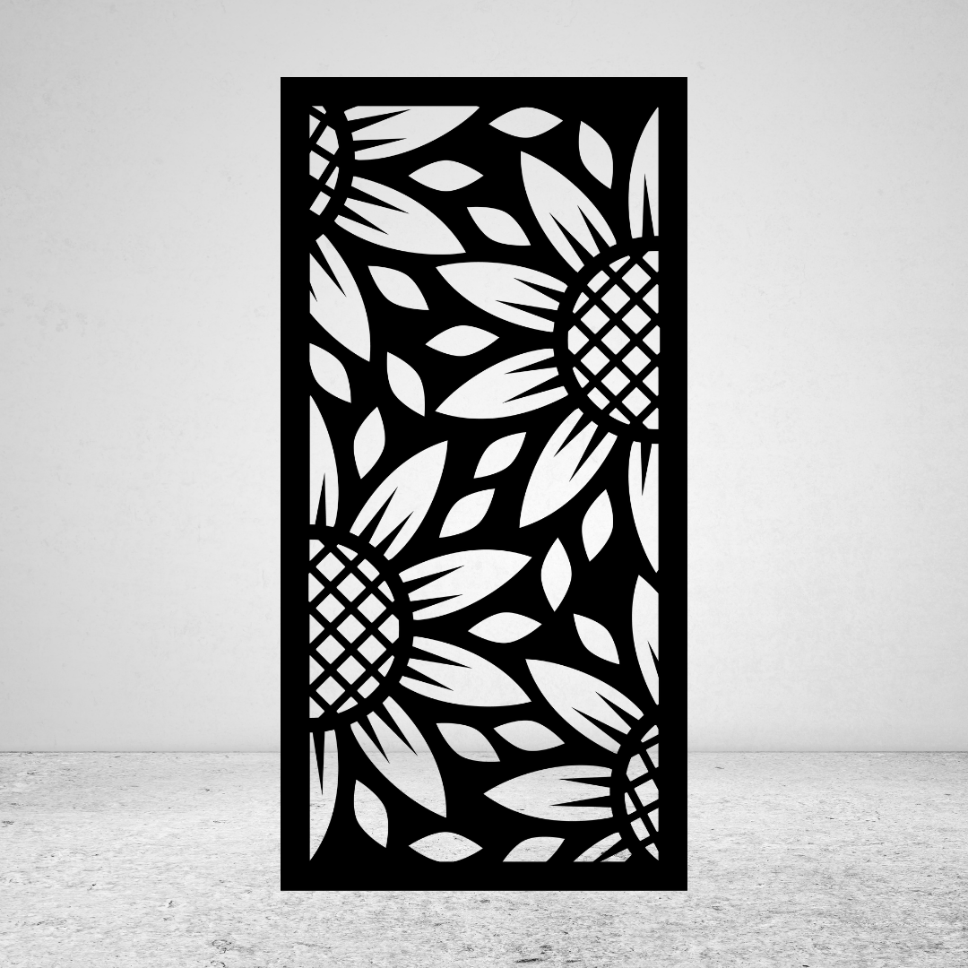 Sunflower Haven botanical metal privacy screen featuring sunflower blooms and flowing leaf cut-out design