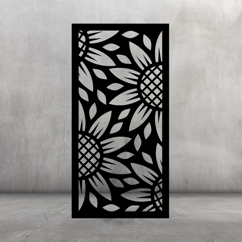 Sunflower Haven decorative metal privacy screen displayed against a dark grey wall with sunflower and leafy botanical pattern