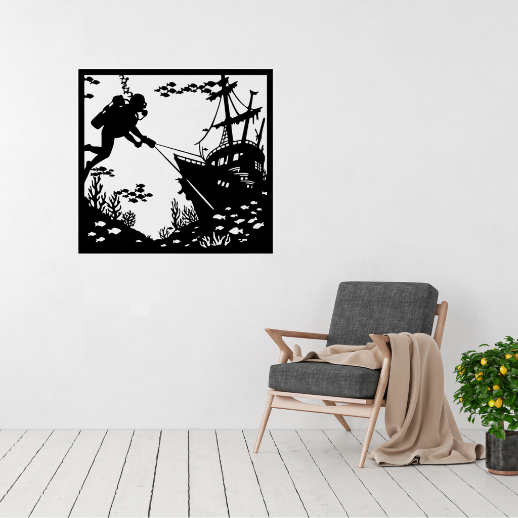 Sunken Secrets | Diver Shipwreck Metal Wall Art featuring a scuba diver exploring a historic shipwreck surrounded by coral reefs and schools of fish in a square black metal wall art design.