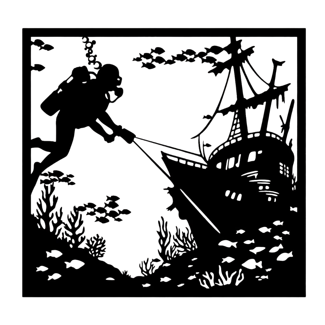 Sunken Secrets | Diver Shipwreck Metal Wall Art showcasing an underwater scene with a scuba diver investigating a sunken sailing ship surrounded by coral, tropical fish, and marine life in intricate black metal wall décor.