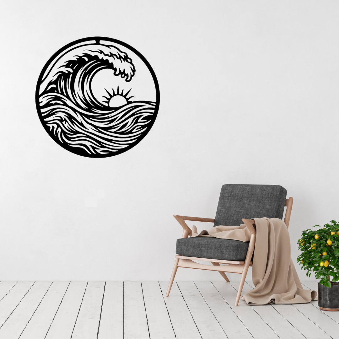 Sunrise Swell | Ocean Wave Metal Wall Art displayed in a modern living room, featuring a powerful curling wave rising above a glowing sunrise in a circular black metal design, perfect for coastal, beach house and contemporary home décor.