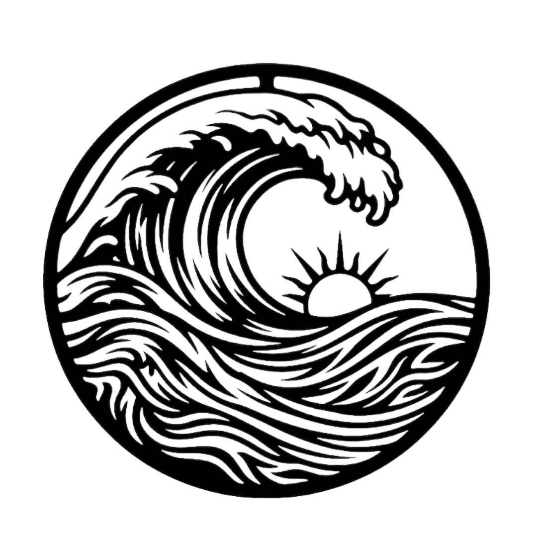 Sunrise Swell | Ocean Wave Metal Wall Art featuring an elegant crashing ocean wave flowing across the sea with a rising sun, crafted in premium circular black metal for coastal interiors, surf-inspired décor and modern wall styling.