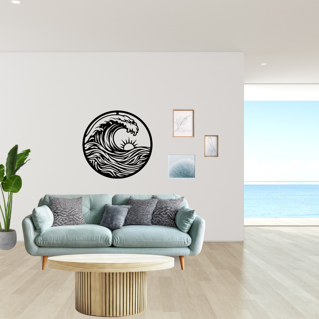 Sunrise Swell | Ocean Wave Metal Wall Art showcased in a bright contemporary living room, highlighting a detailed ocean wave and sunrise silhouette in circular black metal, ideal for nautical décor, coastal homes and modern beach-inspired interiors.