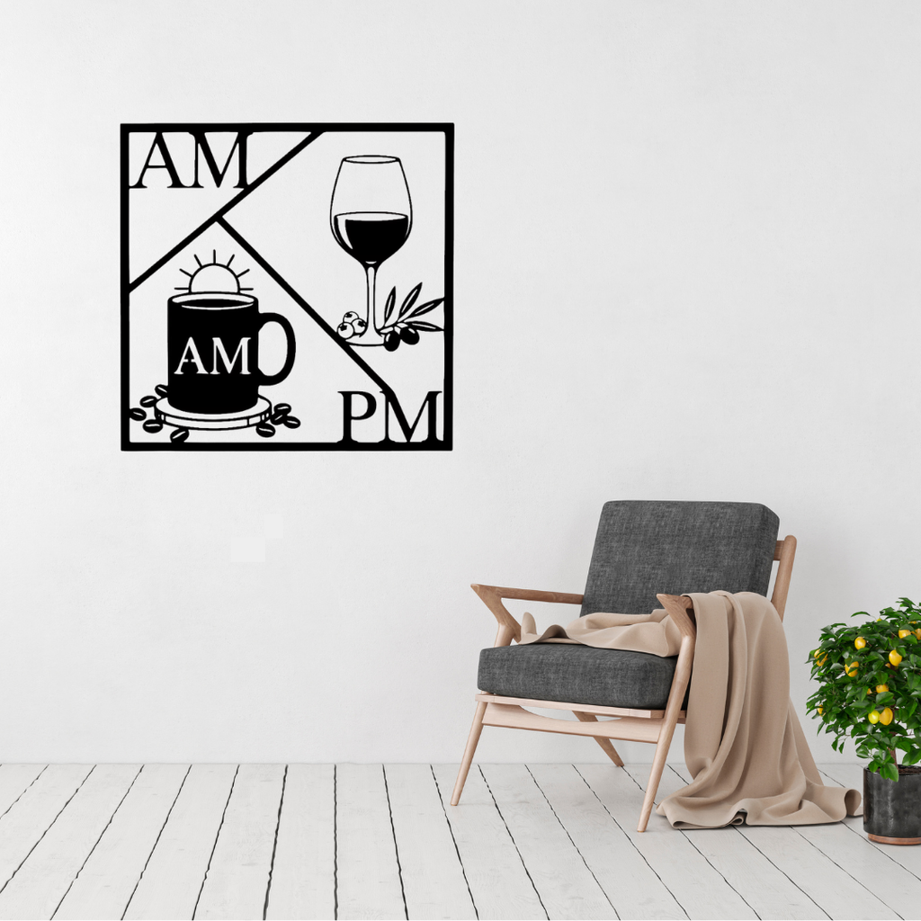 Sunrise to Sunset | Geometric Coffee & Wine Metal Wall Art displayed in a modern living room, featuring a contemporary square metal design with a morning coffee mug, sunrise and evening wine glass separated by bold geometric lines, perfect for kitchens, coffee bars, dining areas and modern homes.