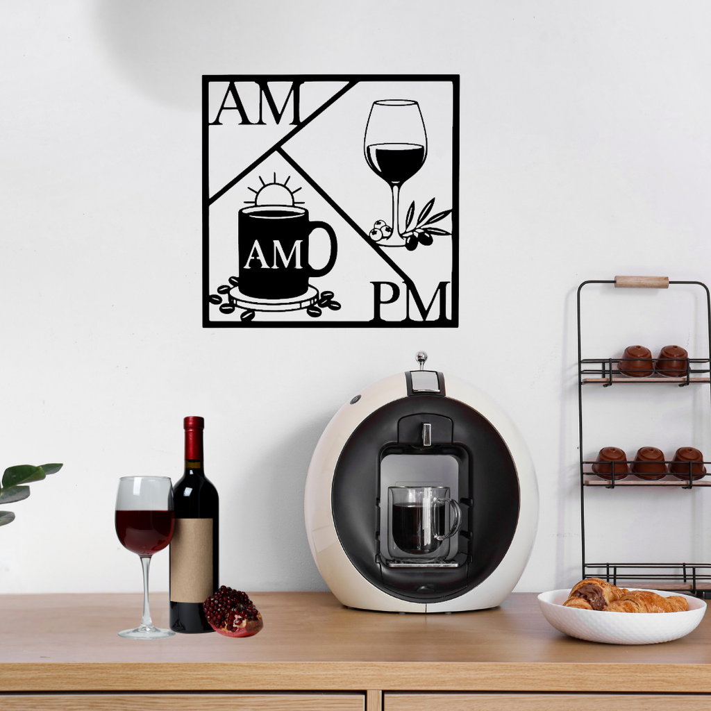 Sunrise to Sunset | Geometric Coffee & Wine Metal Wall Art showcased above a coffee station, highlighting a stylish geometric design celebrating morning coffee and evening wine, ideal for kitchen walls, coffee bars, breakfast nooks, home bars and entertaining spaces.