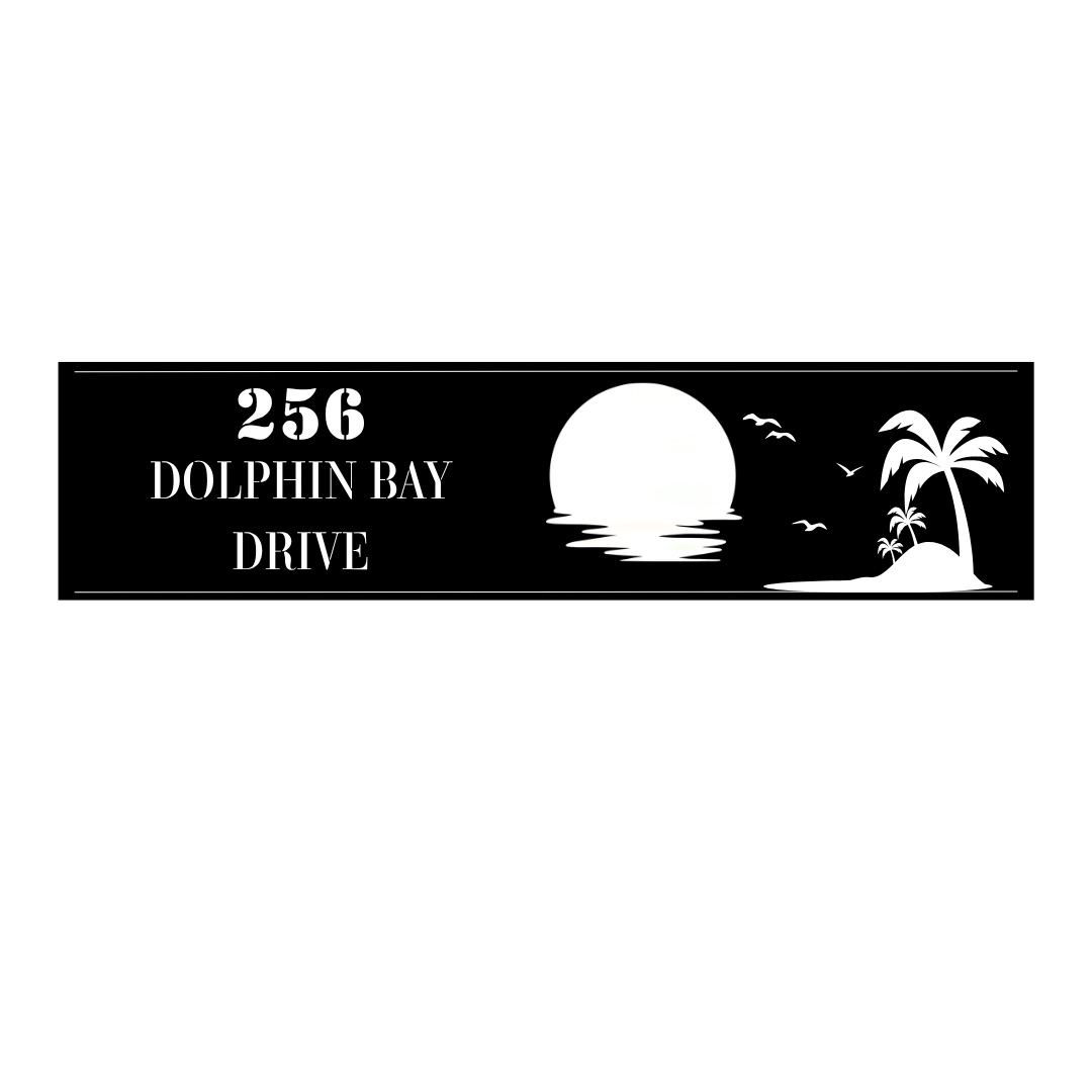 Metal house number plaque isolated on a plain white background with coastal artwork