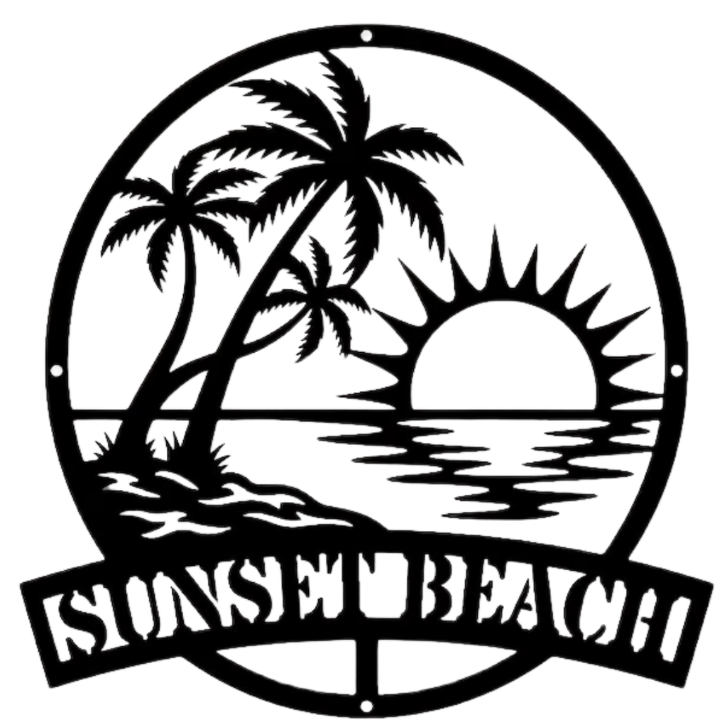 Sunset Beach | Coastal Metal Wall Art featuring two tropical palm trees, a setting sun over the ocean, peaceful waves and flying seabirds in a premium circular black metal wall décor perfect for coastal and beach-inspired interiors.