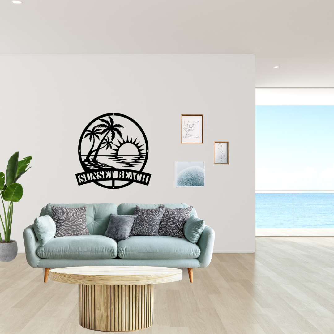Sunset Beach | Coastal Metal Wall Art showcased in a contemporary coastal-style living room, featuring a serene tropical beach, palm trees and ocean sunset in decorative black metal wall art ideal for beach house and modern coastal décor.