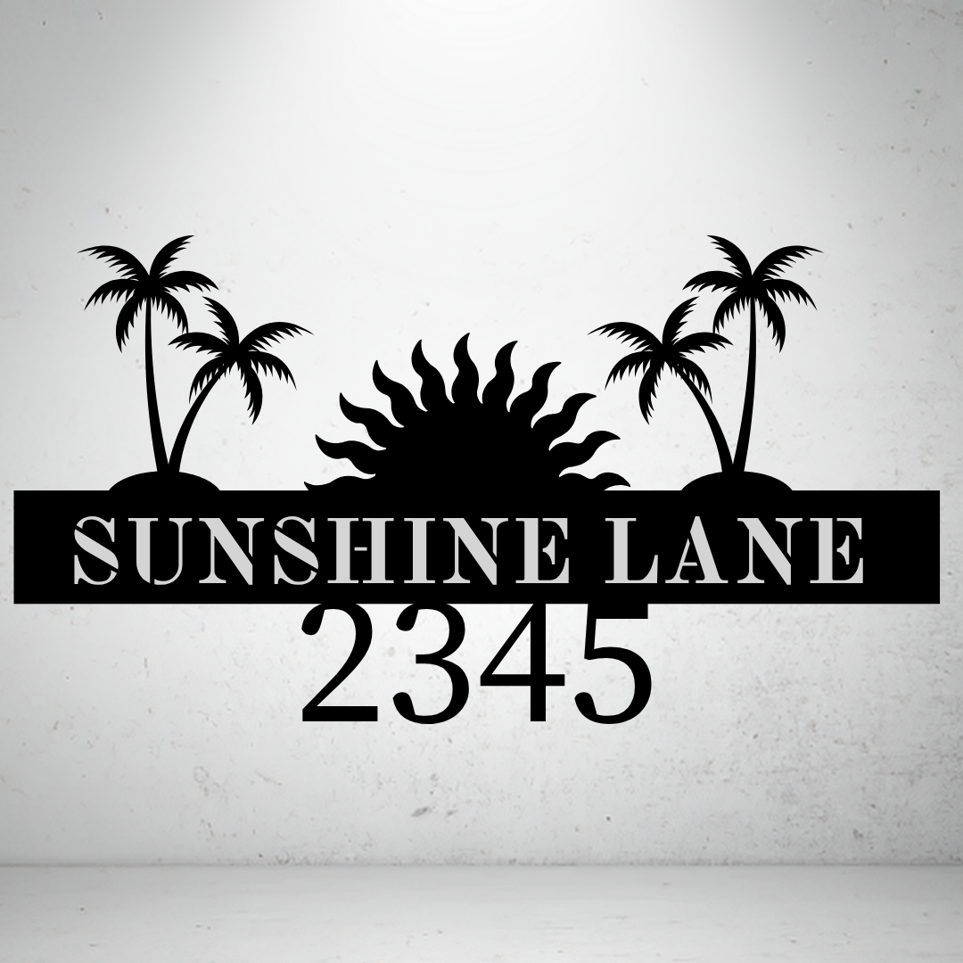 Metal house number sign with tropical palm tree design on a grey background