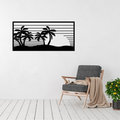 Sunset Palms Tropical Island Metal Wall Art displayed in a bright, modern living room above a contemporary armchair.