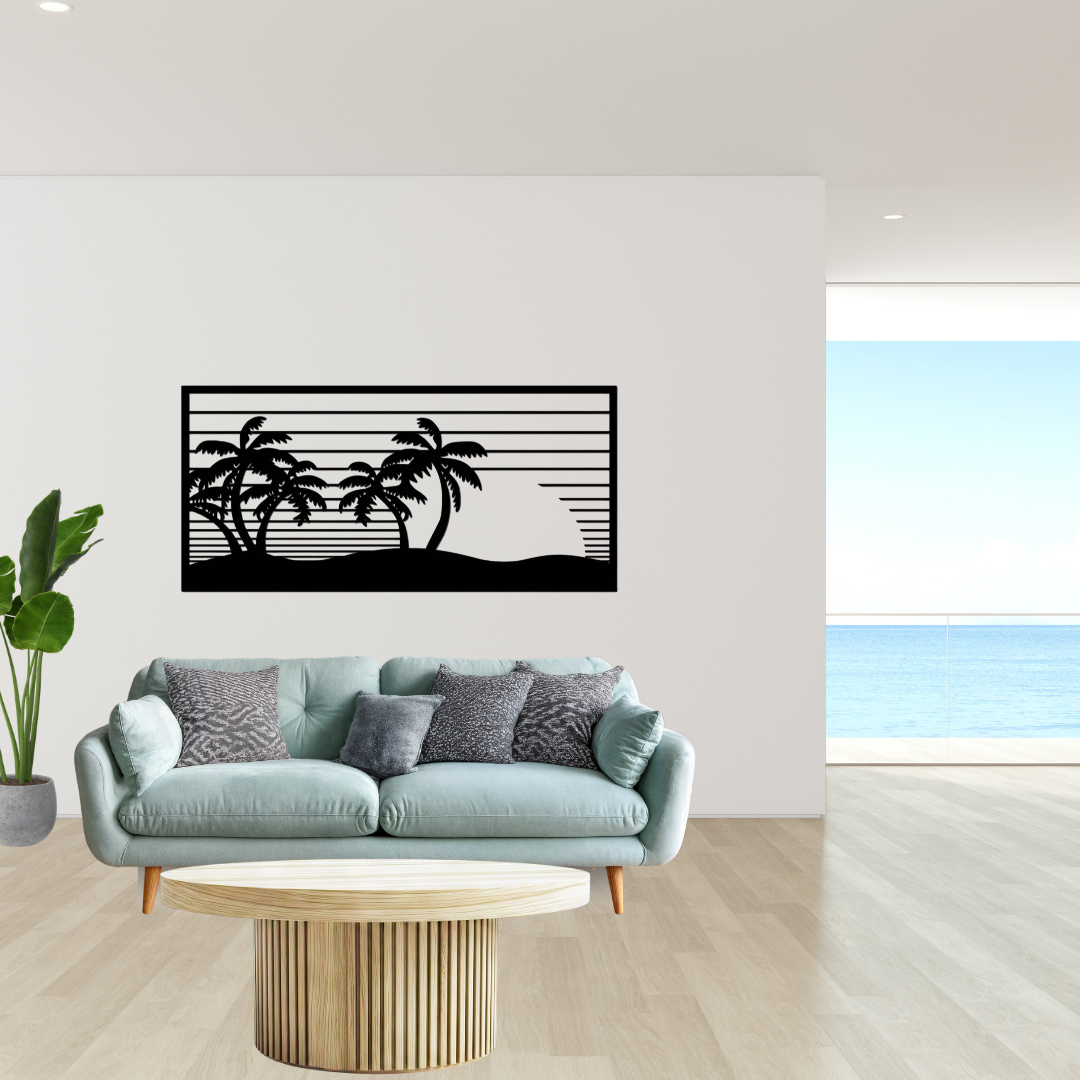 Sunset Palms Tropical Island Metal Wall Art showcased above a modern sofa in a light-filled coastal living room.