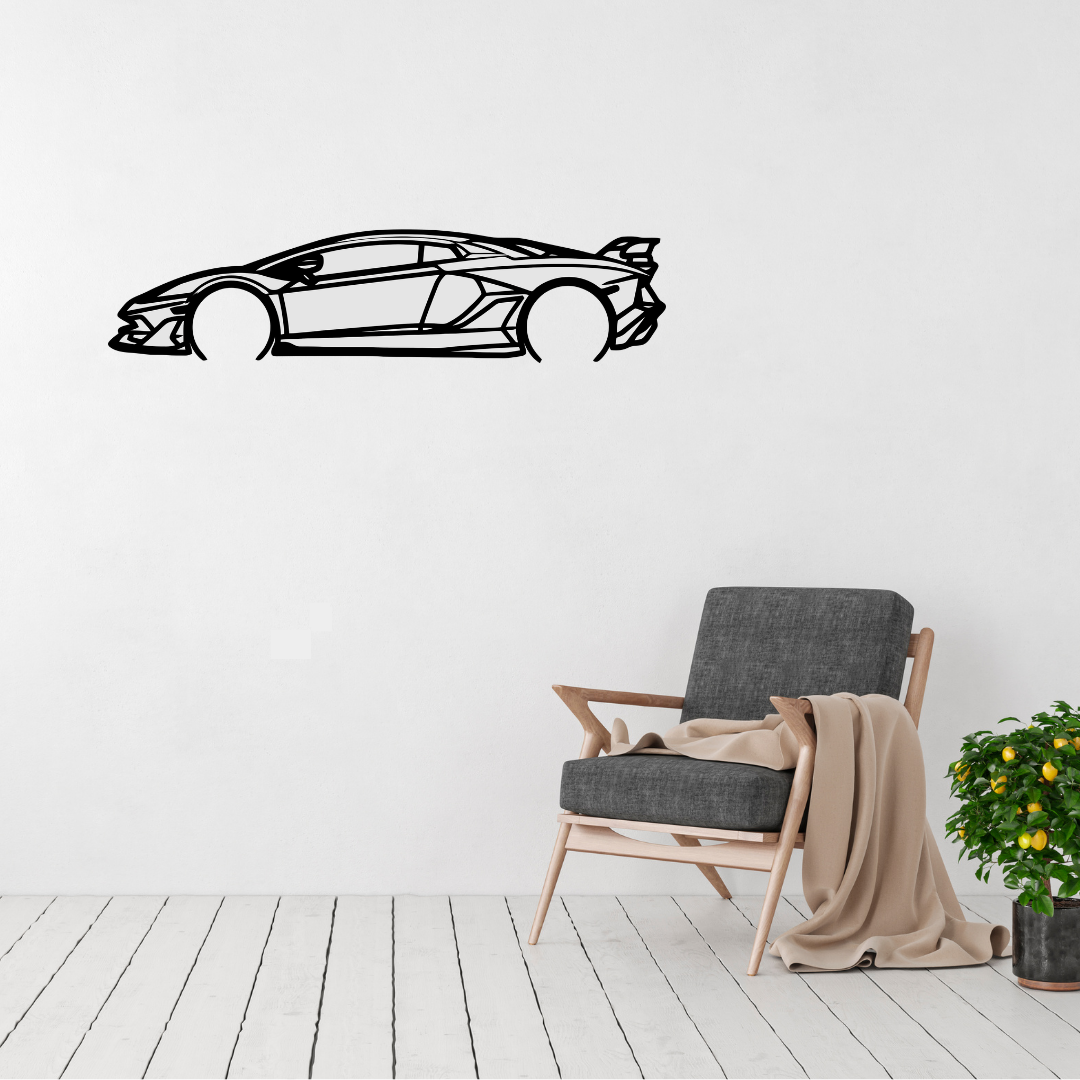 Supercar Profile Lamborghini Metal Wall Art displayed in a contemporary living room.
