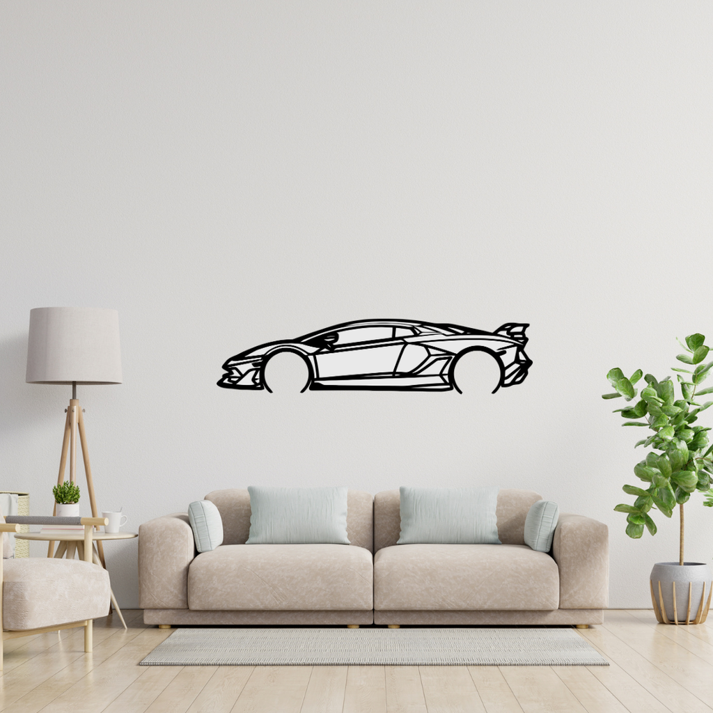 Supercar Profile Lamborghini Metal Wall Art installed above a modern sofa in a stylish living space.