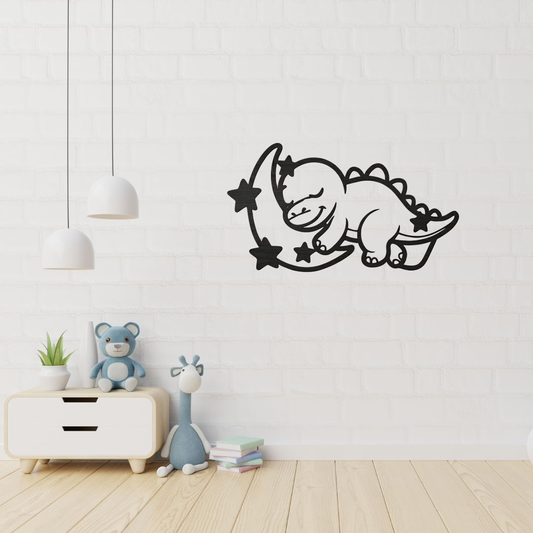 Sweet Dreams Dino | Sleeping Dinosaur Metal Wall Art displayed in a bright modern nursery.