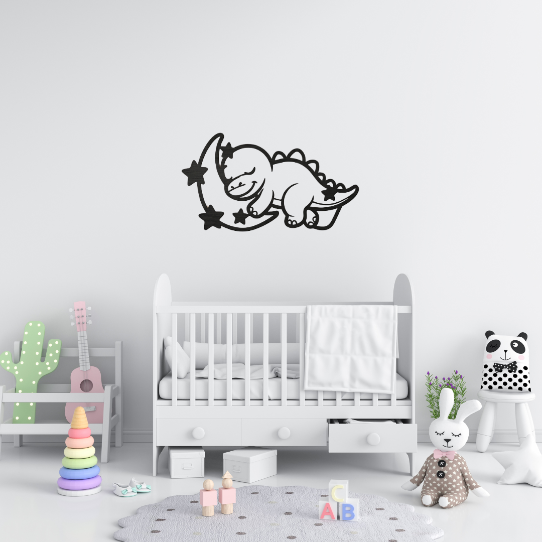 Sweet Dreams Dino | Sleeping Dinosaur Metal Wall Art showcased above a baby cot in a contemporary nursery.