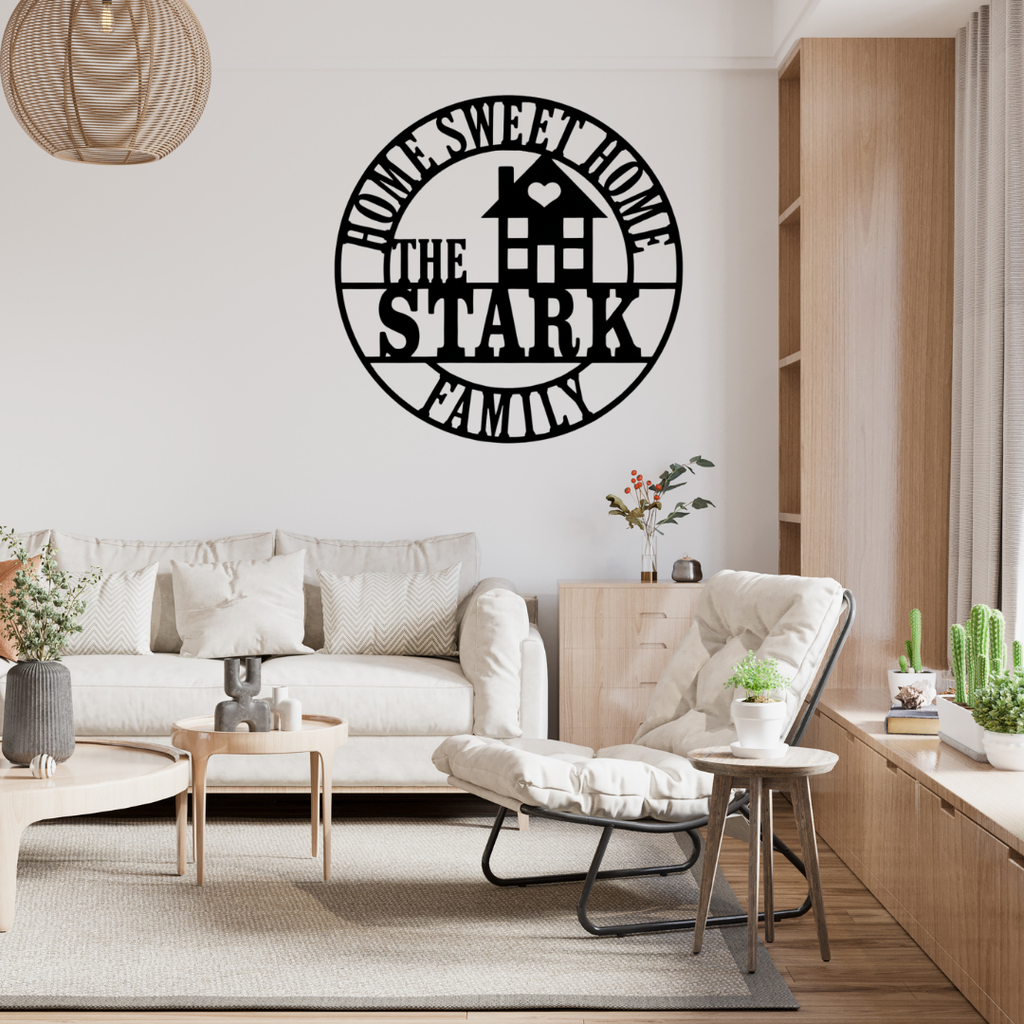 Family name wall art displayed in a modern farmhouse entryway