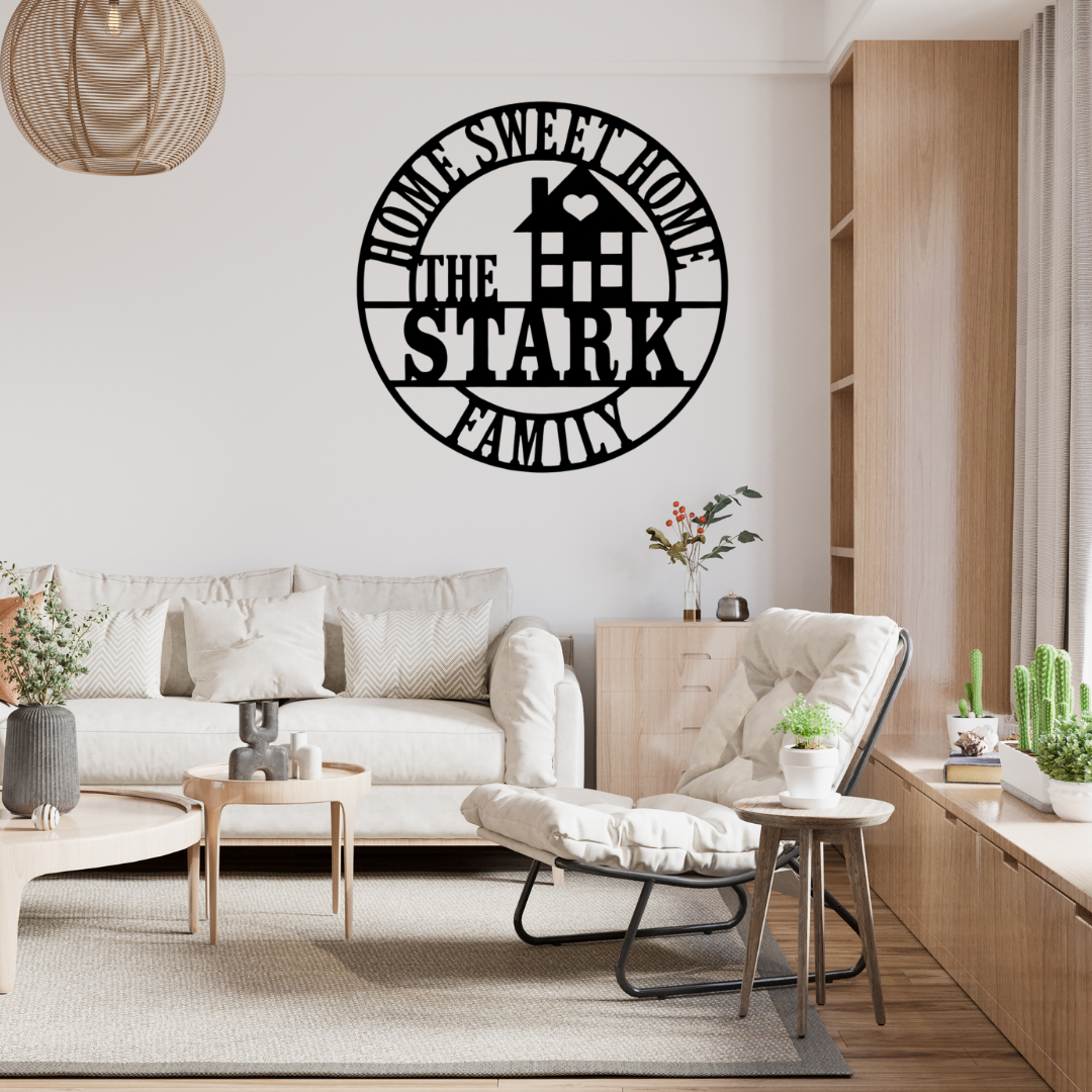 Family name wall art displayed in a modern farmhouse entryway