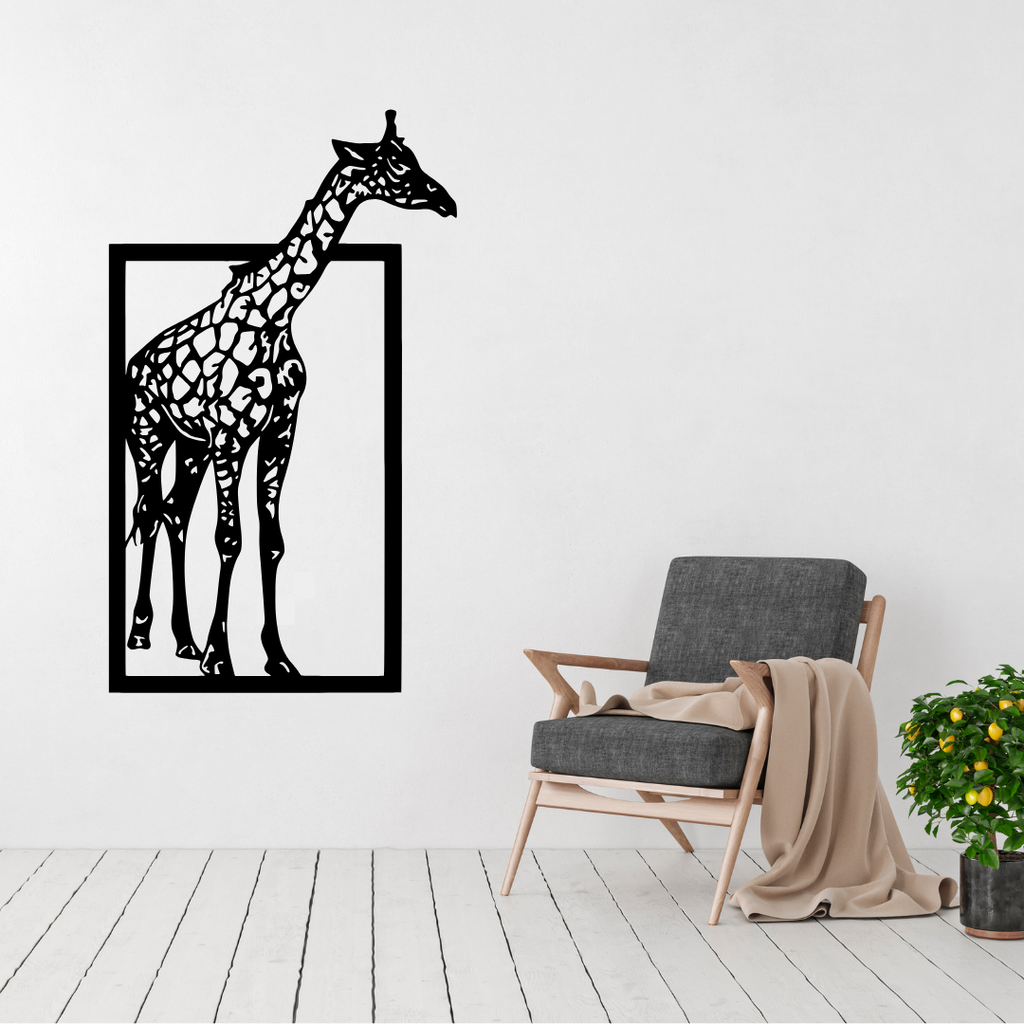 Tall Grace majestic giraffe metal wall art displayed above a contemporary chair in a modern interior