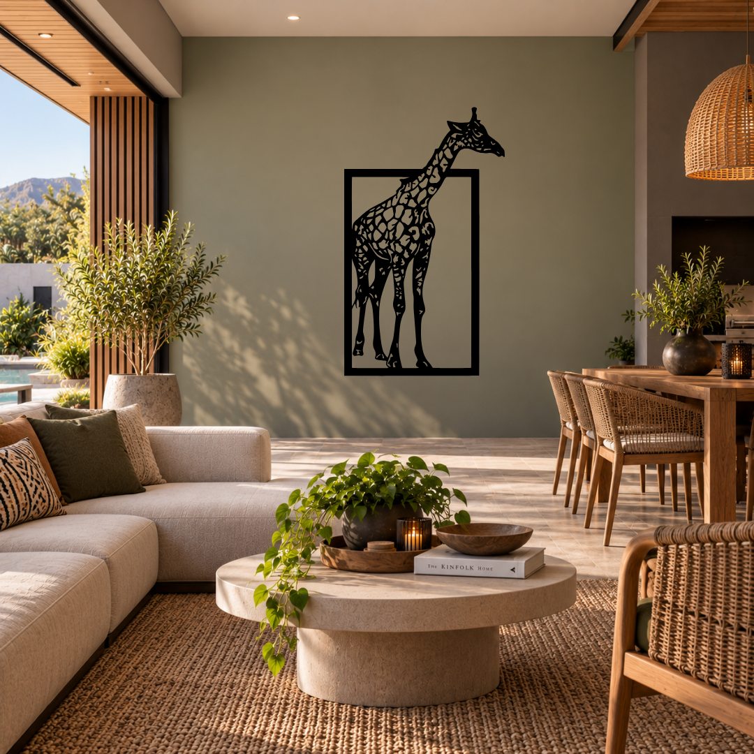 Tall Grace majestic giraffe metal wall art displayed in a modern room with contemporary interior décor