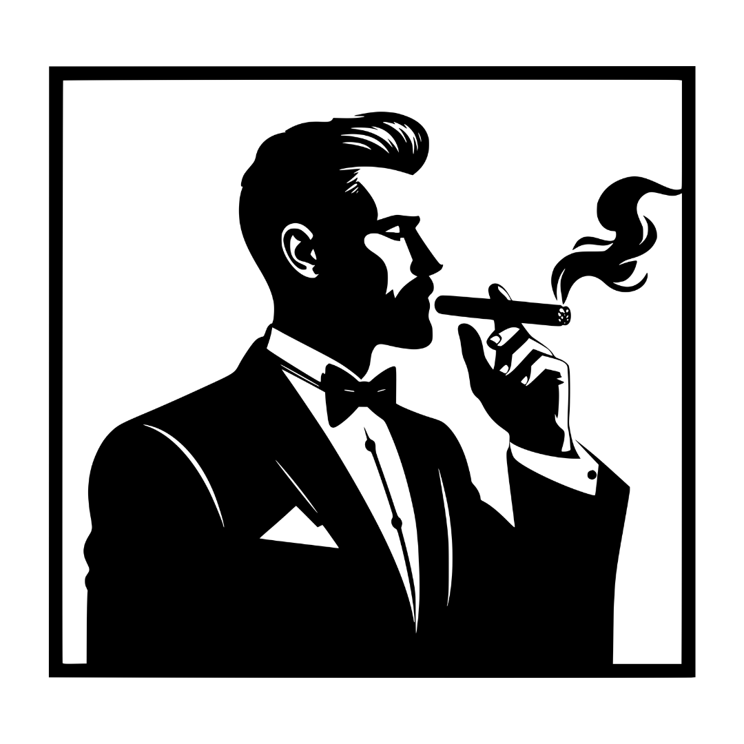 The Distinguished Gentleman cigar metal wall art isolated on a white background showing a tuxedo and bow tie gentleman smoking a cigar
