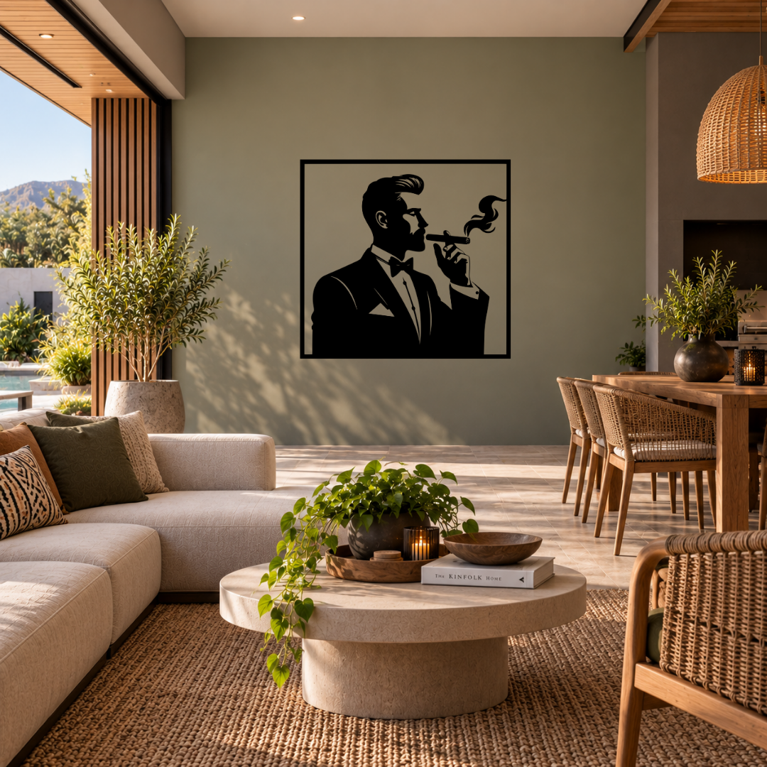 The Distinguished Gentleman cigar metal wall art displayed in a modern lounge with contemporary interior décor