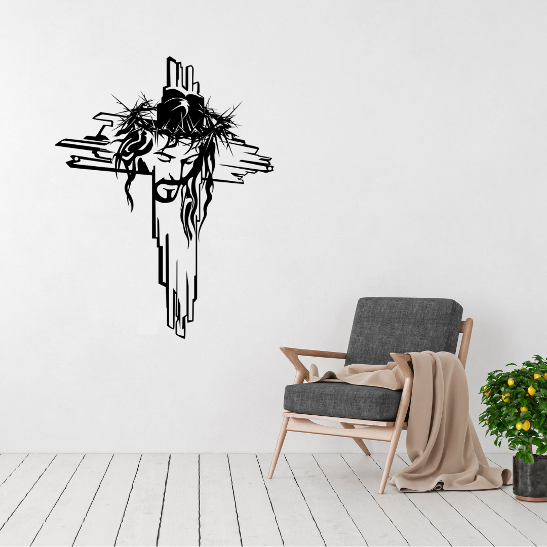 The Face of Faith Jesus cross metal wall art displayed above a contemporary chair