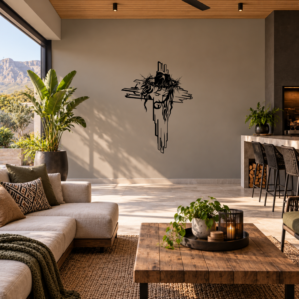 The Face of Faith Jesus cross metal wall art displayed in a modern interior